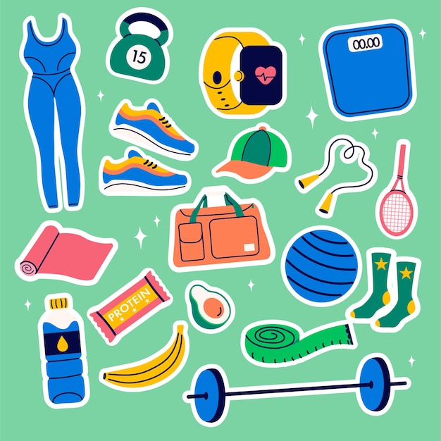 Colección de pegatinas de elementos de inventario de gimnasio equipo deportivo concepto de estilo de vida saludable