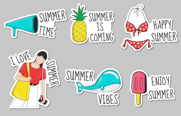 Colección de pegatinas de elementos de verano dibujados a mano de colores