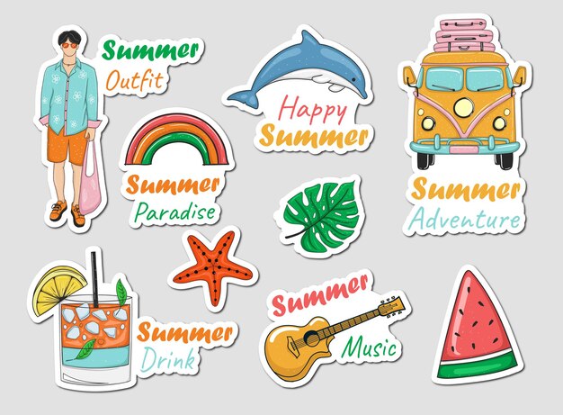Colección de pegatinas de elementos de verano dibujados a mano de colores