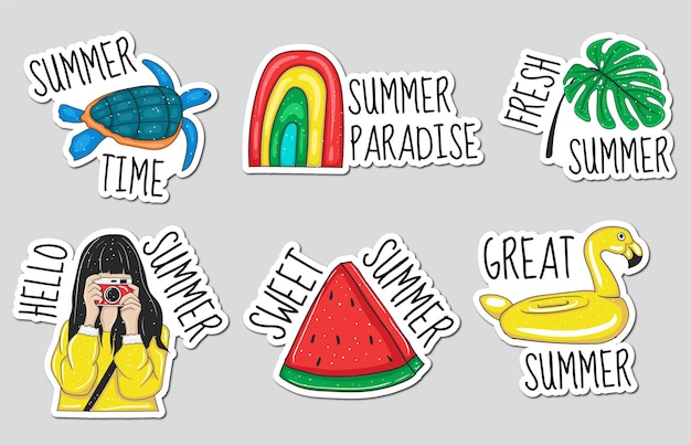 Colección de pegatinas de elementos de verano dibujados a mano de colores