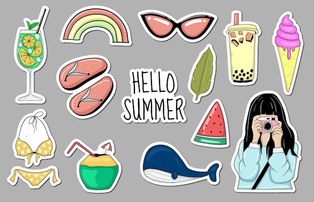 Colección de pegatinas de elementos de verano dibujados a mano de colores