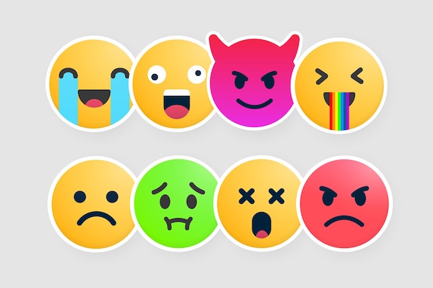 Colección de pegatinas de emoji de diseño vectorial. Conjunto de iconos de emoción feliz, loco, malvado, divertido, triste, vómito, sorprendido, enojado. Signos de emoticonos.