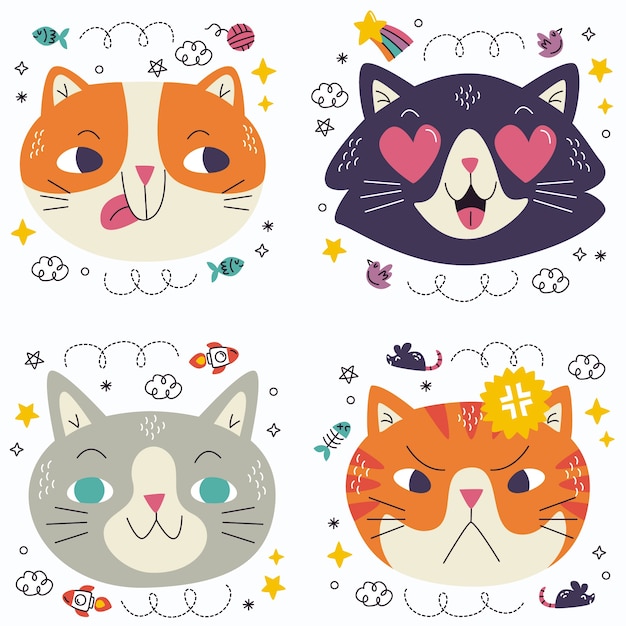 Colección de pegatinas de emoticonos de gatos doodle