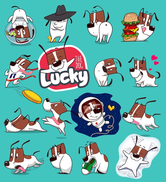 Vector colección de pegatinas de emoticonos de perro de dibujos animados de emoji. ilustraciones vectoriales