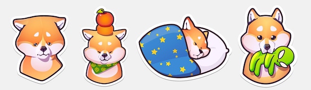 Colección de pegatinas de emoticonos de perro de dibujos animados de emoji. shiba inu. ilustraciones de vectores