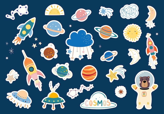 Colección de pegatinas espaciales para niños planetas luna constelación cohete