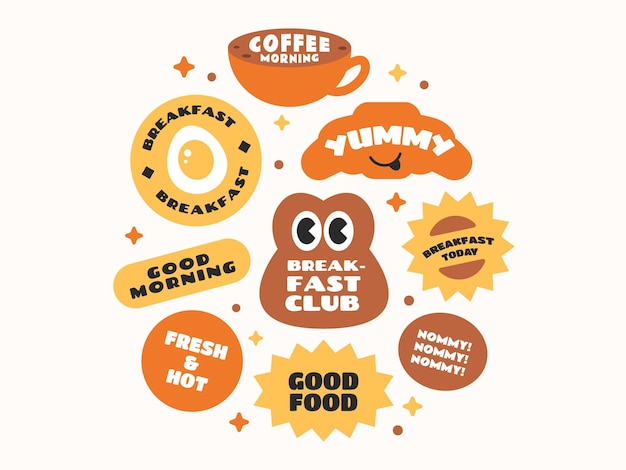 Colección de pegatinas y etiquetas para el desayuno