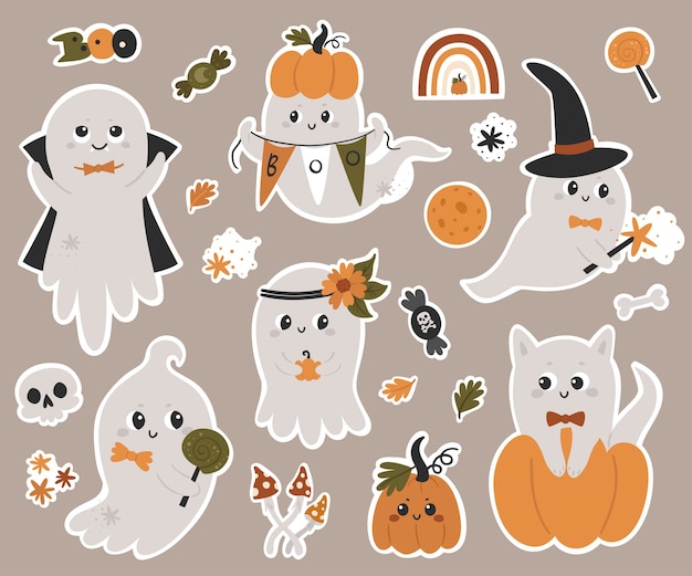 Colección de pegatinas de fantasmas de halloween. ilustración de vector para el diseño de planificadores, cuadernos y más