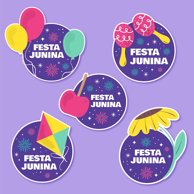 Vector colección de pegatinas de las festas juninas brasileras planas