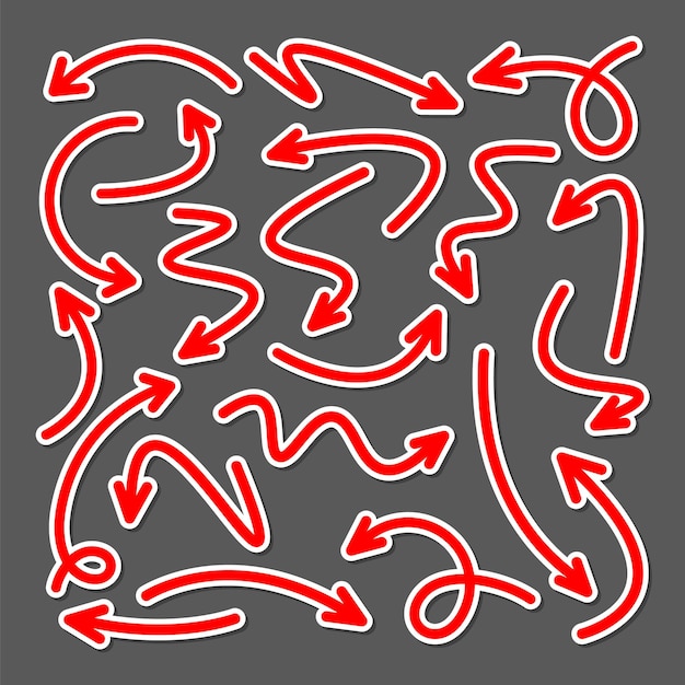Colección de pegatinas de flechas dibujadas a mano de colores Colección de punteros rojos Flechas simples de diferentes formas Señales de dirección Ilustración vectorial