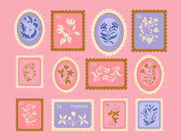 Colección de pegatinas de flores vintage dibujadas a mano de color rosa y azul Colección de flores de primavera