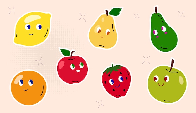 Colección de pegatinas de frutas frescas con estilo de dibujos animados retro Colores planos y simples utilizados para las pegatinas