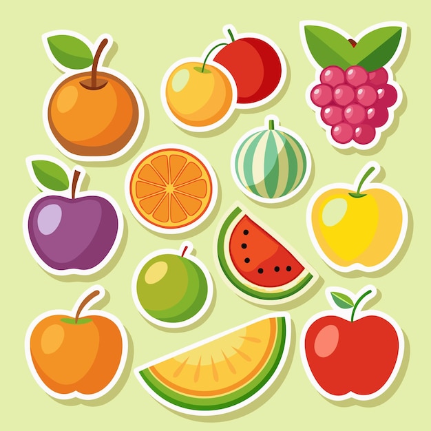 Una colección de pegatinas de frutas que incluyen manzanas naranjas melones y frambuesas