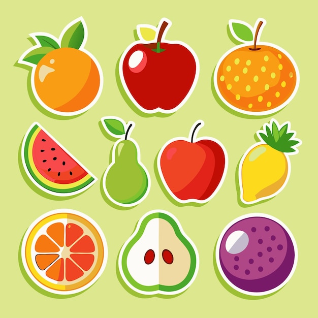 Una colección de pegatinas de frutas que incluyen manzanas naranjas peras sandía limón y fruta de la pasión