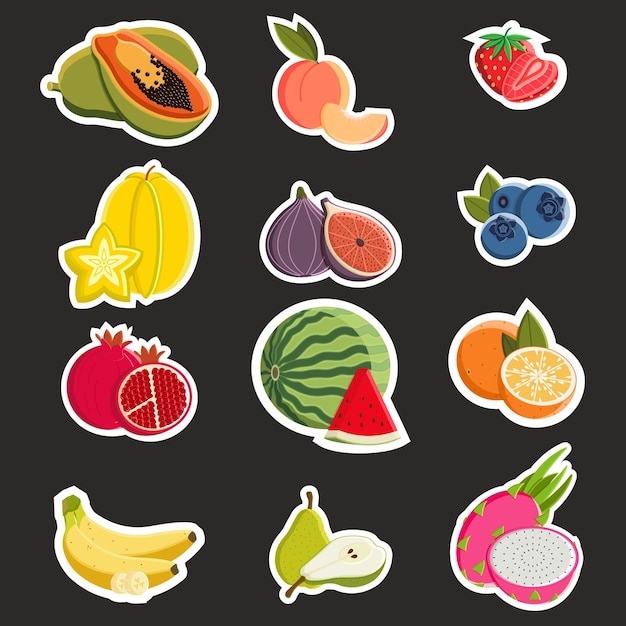 Vector colección de pegatinas de frutas vectoriales planas