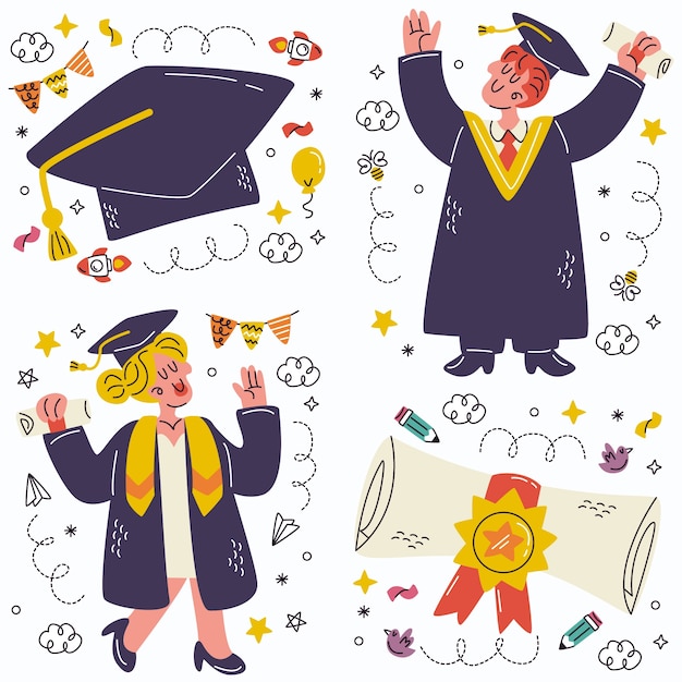 Vector colección de pegatinas de graduación de garabatos