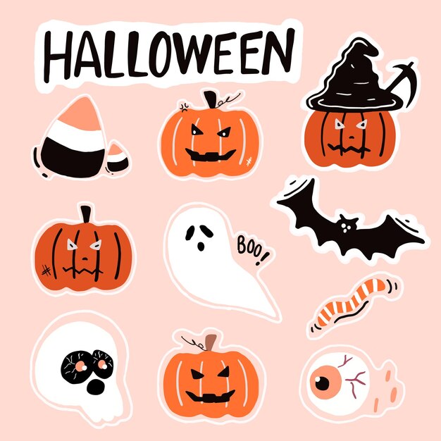 Colección de pegatinas de halloween de calabaza, murciélago, globo ocular, lombriz y fantasma