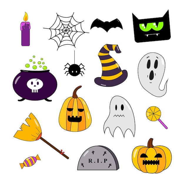 Vector colección de pegatinas de halloween con palo de escoba de gato de murciélago de caramelo de calabaza fantasma