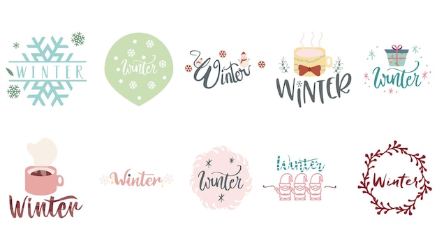 Colección de pegatinas de invierno conjunto diseño plano de estilo de dibujos animados Vector Premium