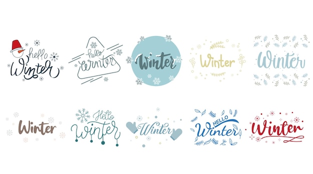 Colección de pegatinas de invierno conjunto diseño plano de estilo de dibujos animados Vector Premium