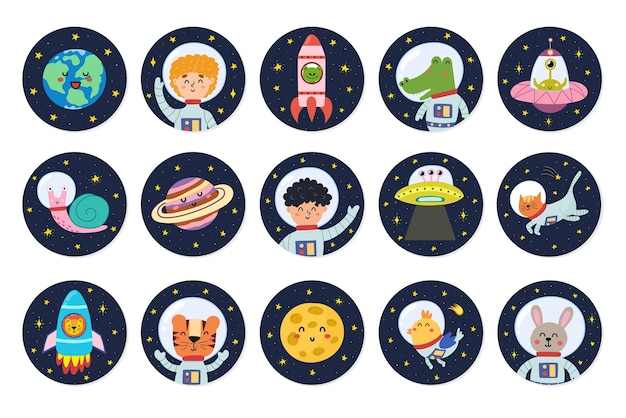 Colección de pegatinas con lindos personajes espaciales Insignias espaciales con niños astronautas animales planetas