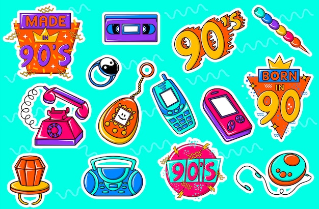 Vector colección de pegatinas multicolores brillantes insignias retro parches para diseños al estilo de los años 90 conjunto de artículos de la era de los años 90 y 80