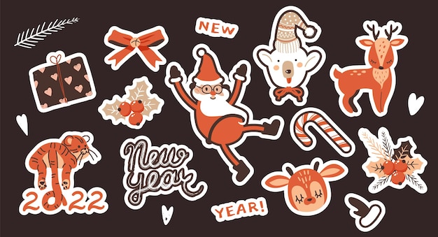 Colección de pegatinas navideñas. Dibujado a mano lindas ilustraciones en color. Un conjunto de elementos gráficos para diseño y decoración. Vector