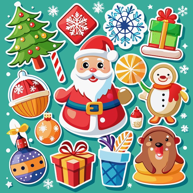 Una colección de pegatinas navideñas festivas con Papá Noel, un muñeco de nieve, un árbol de Navidad y otros iconos navideños