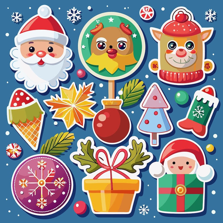 Vector una colección de pegatinas navideñas festivas con santa renos, cajas de regalos de árboles de navidad, bolas y bastones de caramelo sobre un fondo azul