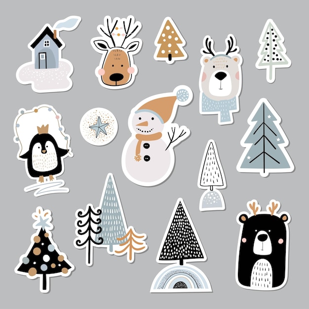 Colección de pegatinas navideñas de invierno con animales lindos de diseño estacional y elementos para scrapbook