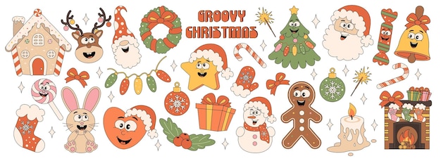 Colección de pegatinas navideñas retro de moda hippie, regalos para árboles de Navidad, muñeco de nieve, gnomo, Santa
