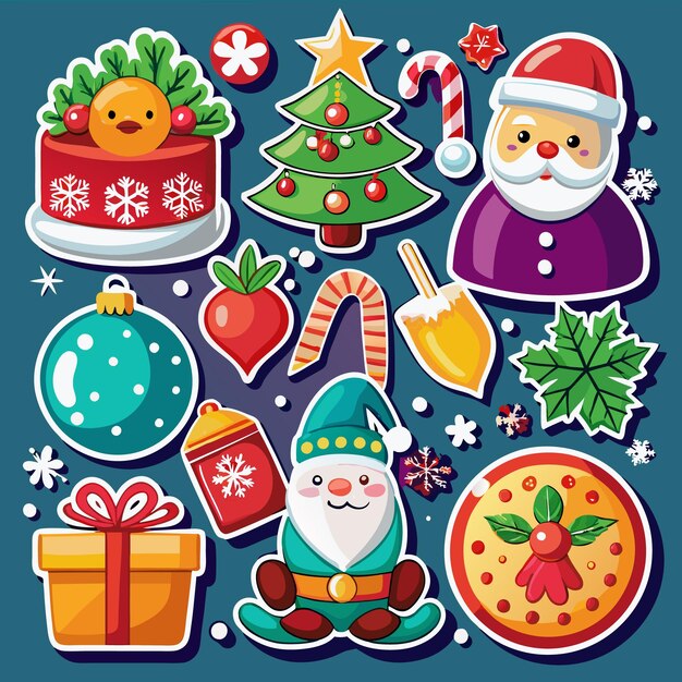 Una colección de pegatinas navideñas con Santa Claus un árbol de Navidad un regalo un hombre de pan de jengibre y un bastón de caramelo