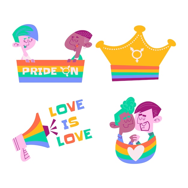 Vector colección de pegatinas de orgullo lgbt de dibujos animados retro