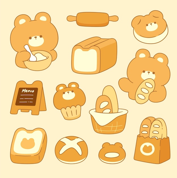 Colección de pegatinas para osos de panadería Kawaii