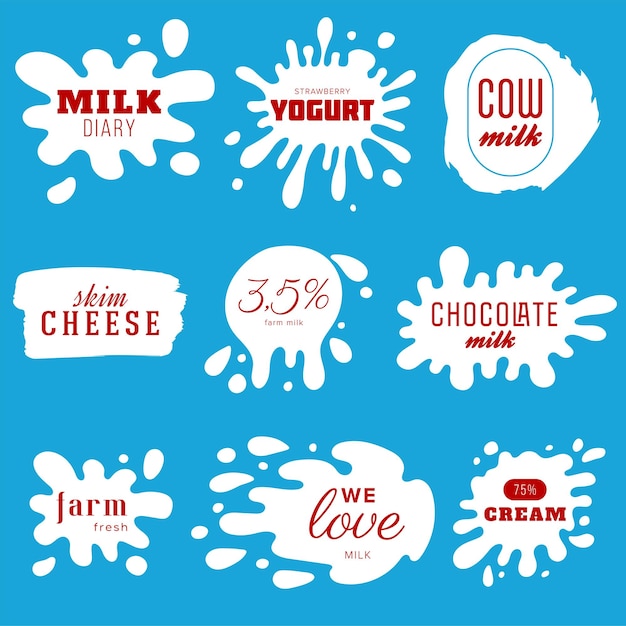 Colección de pegatinas con las palabras que amamos la leche fresca