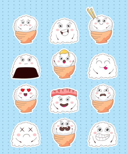 Colección de pegatinas de personajes de arroz simple