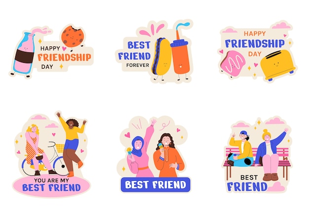 Colección de pegatinas planas de amistad dibujadas a mano