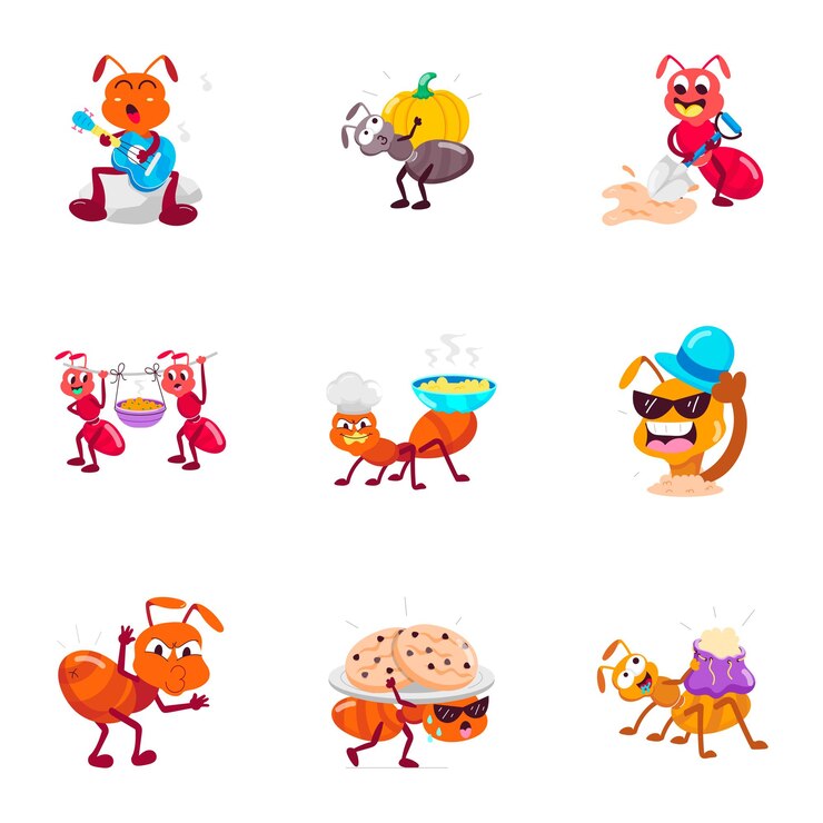 Vector colección de pegatinas planas con personajes de hormigas