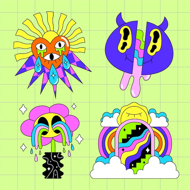 Colección de pegatinas psicodélicas planas