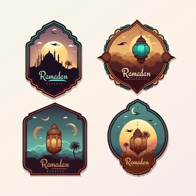 Vector colección de pegatinas de ramadán con una lámpara y una mezquita en la parte superior