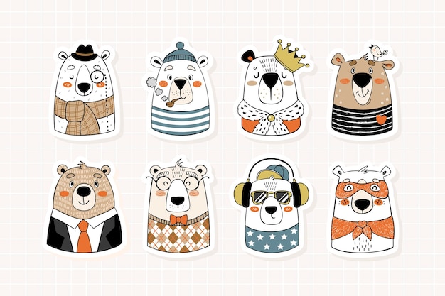 Vector colección de pegatinas de retrato de oso de dibujos animados lindo en estilo dibujado a mano