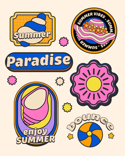 Colección de pegatinas retro con temas de verano