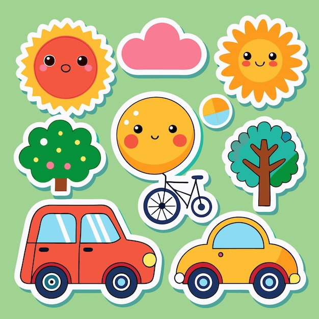 Una colección de pegatinas con soles alegres nubes árboles coches una bicicleta y un gráfico de pastel todo en un fondo verde