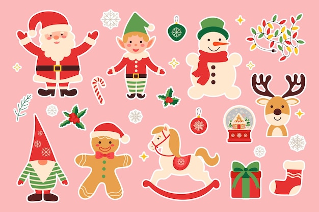 Una colección de pegatinas con temas navideños con hombres de nieve elfos de Papá Noel