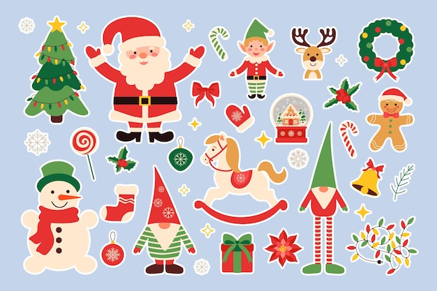 Una colección de pegatinas con temas navideños con renos elfos de Papá Noel
