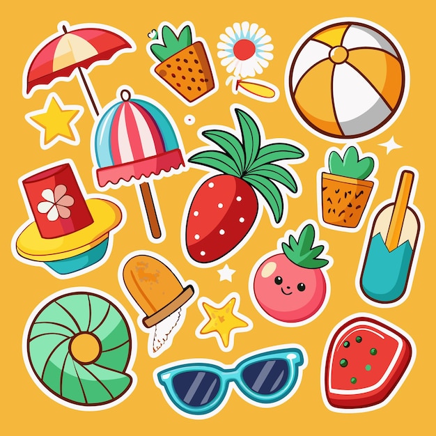 Una colección de pegatinas con temas de verano con sombrillas de playa gafas de sol una pelota de playa una concha de mar una rebanada de sandía fresas piña y otras ilustraciones bonitas sobre un fondo amarillo