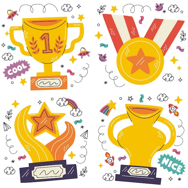 Colección de pegatinas de trofeos y premios doodle.