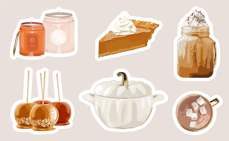 Colección de pegatinas de vacaciones de otoño con comida sabrosa