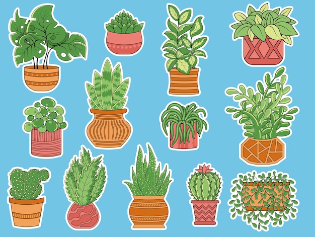 Colección de pegatinas vectoriales de lindas plantas de interior en macetas