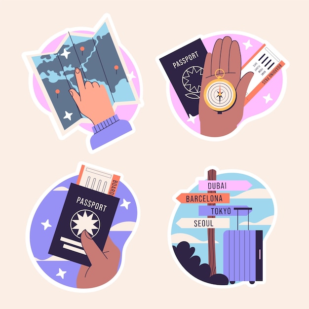 Colección de pegatinas de viaje ingenuas
